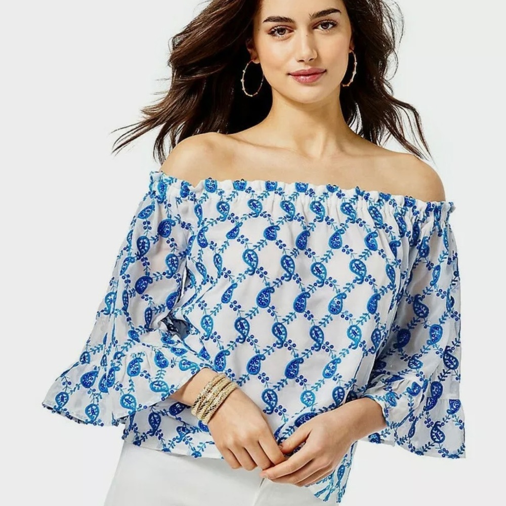 Lilly Pulitzer Alva Off-The-Shoulder Top Baha Blue Paisley, Size M
